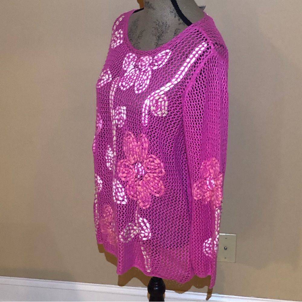 NWT Sigrid Olsen Boxy Pink and White Long Sleeve Sweater - Picture 2 of 9